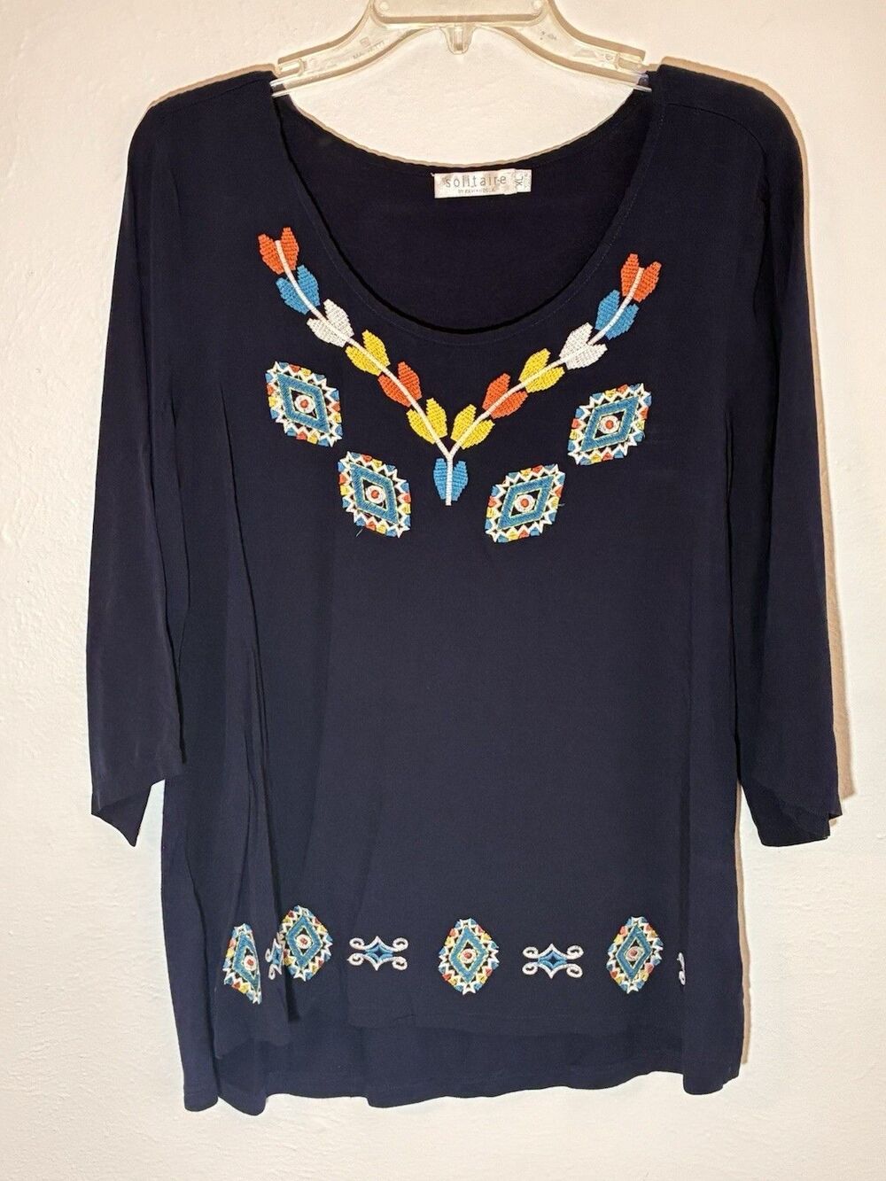 Solitaire Dark blue Large blouse With Embroidery Appliques Design sz L 3/4 sleev